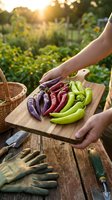 Fresh colorful chili peppers on wooden cutting board in garden setting with hands holding harvest basket during golden hour sunset light for cooking preparation.