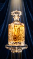 Elegant crystal whiskey decanter with amber liquid on glass pedestal against dramatic blue velvet backdrop with golden spotlight for luxury bar concepts.