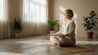 Peaceful middle-aged woman practicing meditation in lotus position on yoga mat in bright living room with houseplants and natural sunlight streaming through windows.