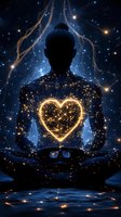 Silhouette of meditating woman with glowing heart constellation against starry night sky, representing spiritual enlightenment and inner peace.