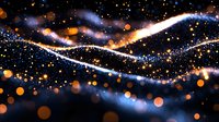 Magical glowing waves with sparkles and bokeh lights against dark background create dreamy cosmic atmosphere. Suitable for festive designs and celebrations.