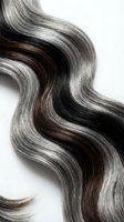 Luxurious wavy hair strands with silver gray and brown highlights isolated on white background for beauty and haircare design concepts.