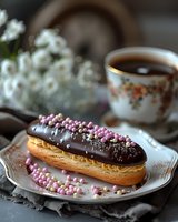 Chocolate eclair with pink and white sugar pearls on vintage plate. Fresh coffee in floral porcelain cup and white flowers create cozy atmosphere for sweet dessert.