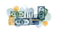 Financial banking concept with money bills coins credit card and bank building for business investment and economy design.