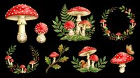 Red mushroom clipart collection with botanical elements isolated on transparent background, ready for t-shirt design, stickers, sublimation, print-on-demand products and digital crafts.