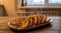Sliced banana bread with nuts on white plate in cozy kitchen setting. Homemade baked goods for breakfast or snack time on wooden table near window.