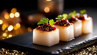 Elegant scallops appetizer with caviar and microgreens served on black slate plate against festive bokeh lights background. Fine dining restaurant dish.