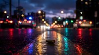 Wet urban street at night with colorful bokeh lights reflecting on pavement, creating vibrant cityscape atmosphere for backgrounds and design projects.