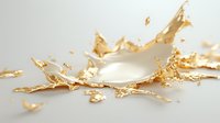 Liquid gold metallic splash creating dynamic motion effect on white background, luxury cosmetic advertising concept for skincare and beauty products.