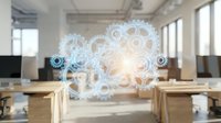Digital gears and cogs hologram floating in modern office workspace representing automation, technology innovation and business process optimization.