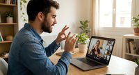 Young bearded man in casual shirt having video conference call on laptop at home office desk with plants and books in background.