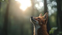 Red fox looking up in mystical forest setting during golden hour, soft bokeh background creates dreamy atmosphere. Wildlife photography in natural habitat.