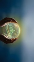Hands protecting glowing green plant with recycling symbols in luminous sphere representing environmental conservation and sustainable development.