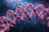 Pink crystalline DNA double helix structure against dark blue cosmic background with glowing particles and bokeh effects. Scientific molecular concept.