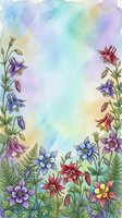 Watercolor floral border with colorful columbine flowers and ferns framing a soft pastel background, perfect for cards and invitations.