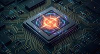 Futuristic microprocessor with glowing orange core on circuit board showcasing advanced computing technology and electronic engineering innovation.