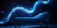 Magical glowing stream of stars and sparkles flowing above empty hospital bed in dark room, creating ethereal atmosphere for healthcare concepts.