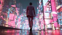 Businessman in suit standing on edge overlooking futuristic cyberpunk cityscape with neon pink lights and towering skyscrapers reflecting in wet surface at night.