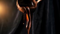 Liquid chocolate or caramel pouring and splashing against dark background with warm golden lighting, suitable for food and beverage advertising.