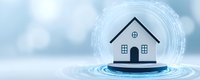 Modern house icon on digital platform with circular tech waves against soft blue sky background for real estate and smart home technology concepts.