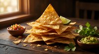 Golden crispy tortilla chips stacked on rustic wooden table with fresh guacamole, salsa and lime wedges in warm kitchen setting for Mexican cuisine.