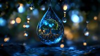 Magical glowing tree of life reflected in water drop with bokeh lights background, mystical nature macro photography for spiritual concepts.