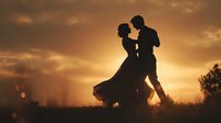 Romantic couple dancing silhouette against golden sunset sky. Passionate ballroom dance pose with flowing dress creates dramatic scene for wedding invitations.
