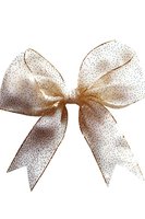 Elegant white and gold polka dot bow ribbon isolated on white background. Festive decorative element for gift wrapping and holiday designs.