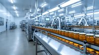 Modern automated food production line with orange juice bottles moving on conveyor belt in sterile industrial manufacturing facility.