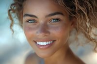 Close up portrait of young mixed race woman with curly blonde hair, bright blue eyes, freckles and radiant smile against blurred summer background.