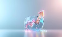 Glowing neon arrow chart rises through transparent glass cube on soft pastel background, symbolizing business growth and financial success in modern design.