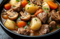 Hearty beef stew with tender meat chunks, baby potatoes, carrots and mushrooms in rich brown gravy, garnished with fresh herbs, served in black bowl.