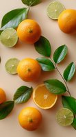 Fresh oranges and sliced limes scattered with green leaves on beige background, flat lay composition for healthy eating and vitamin C concept.