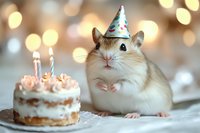 Adorable hamster wearing party hat sits next to small birthday cake with lit candles against blurred bokeh lights background, creating festive celebration atmosphere.
