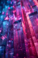 Modern skyscraper facade illuminated by vibrant neon pink and blue lights with bokeh effect creating dreamy urban nightscape atmosphere for creative backgrounds.