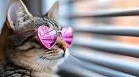 Stylish cat wearing heart-shaped pink sunglasses looking through window blinds, reflecting urban scene. Close up portrait of feline fashion and attitude.
