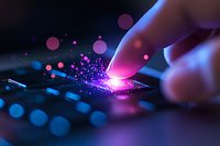 Finger touching digital screen with magical glowing purple and pink particles emerging, creating futuristic interactive technology effect on dark background.