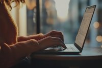 Female hands typing on laptop keyboard in evening light with bokeh background and warm sunlight. Remote work concept for business and freelance lifestyle.