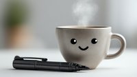 Steaming coffee cup with cute smiling face next to black fountain pen on white surface, perfect for creative writing or morning routine concepts.