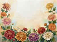 Autumn chrysanthemum flowers frame border with colorful blooms in orange, pink, purple and cream tones on textured beige background for seasonal designs.