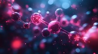 Glowing molecular structure with pink and blue bokeh effect in dark background, scientific concept showing atomic bonds and chemical compounds.