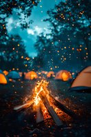 Glowing campfire with rising sparks against turquoise night sky, camping tents illuminated orange in background, creating magical outdoor atmosphere.