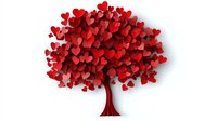 Red heart-shaped leaves form a lush tree canopy on white background. Isolated design element suitable for Valentine's Day, love, relationships, wedding, and romantic greeting card projects.