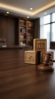 Wooden gavel and legal symbol blocks on desk in law office with bookshelf background for attorney services and justice concepts.
