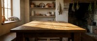 Rustic wooden table with warm sunlight streaming through window in cottage interior with shelves and dried herbs, suitable for home decor and lifestyle content.