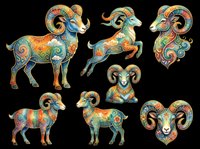 Colorful ornamental ram clipart set with intricate folk art patterns, isolated on transparent background. Great for stickers, t-shirt design, and print on demand.