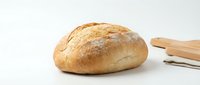 Fresh baked artisan bread loaf with golden crust on white background. Homemade sourdough bakery product isolated for culinary design and food photography.