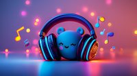 Cute blue kawaii bear character with large black headphones surrounded by colorful musical notes and bokeh lights on gradient purple background.