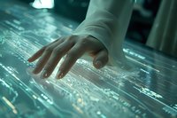 Human hand touching futuristic digital interface with glowing data visualization, representing advanced technology interaction in modern computing environment.