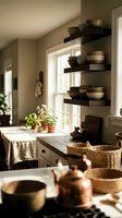 Modern kitchen interior with floating black shelves displaying ceramic bowls and tableware near bright window, featuring potted plants, woven baskets, and natural lighting for home decor styling.